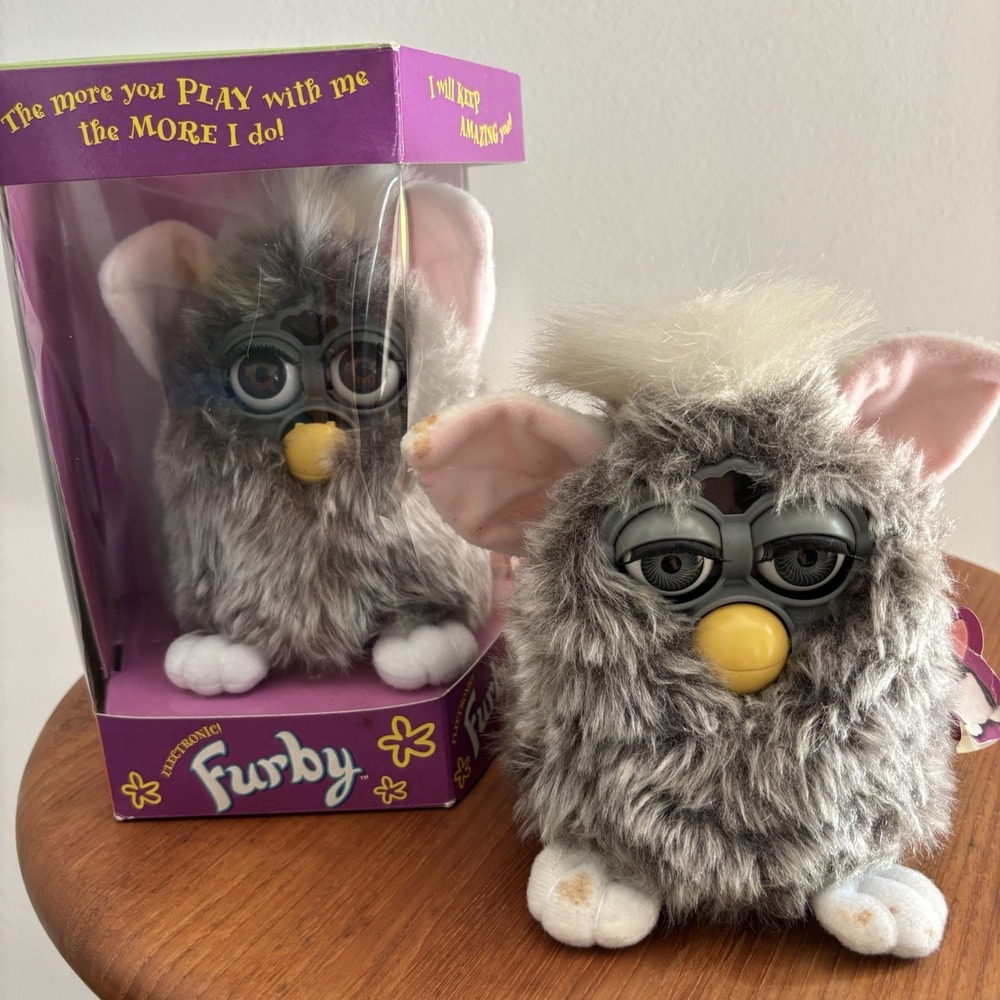 Vintage 1998 Owl Furby Long Grey Fur Two Open Box 70-800 Tiger Retro Toy OG